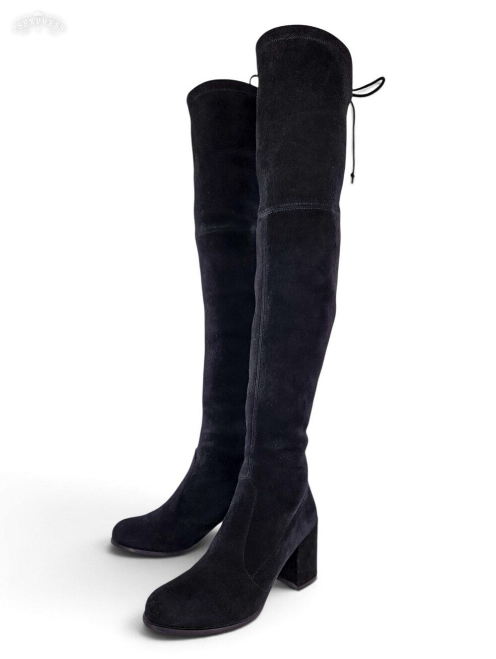 Stuart Weitzman Tieland Black Suede Stretch Tie-Top Block Heel Over Knee Boots